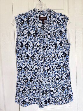 Dana Buchman Blue Black Abstract Paisley Sleeveless Shell Tank Top Size M